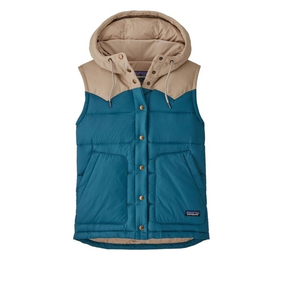 Patagonia Women's Bivy Hooded Puff Vest sz S in tan blue.
